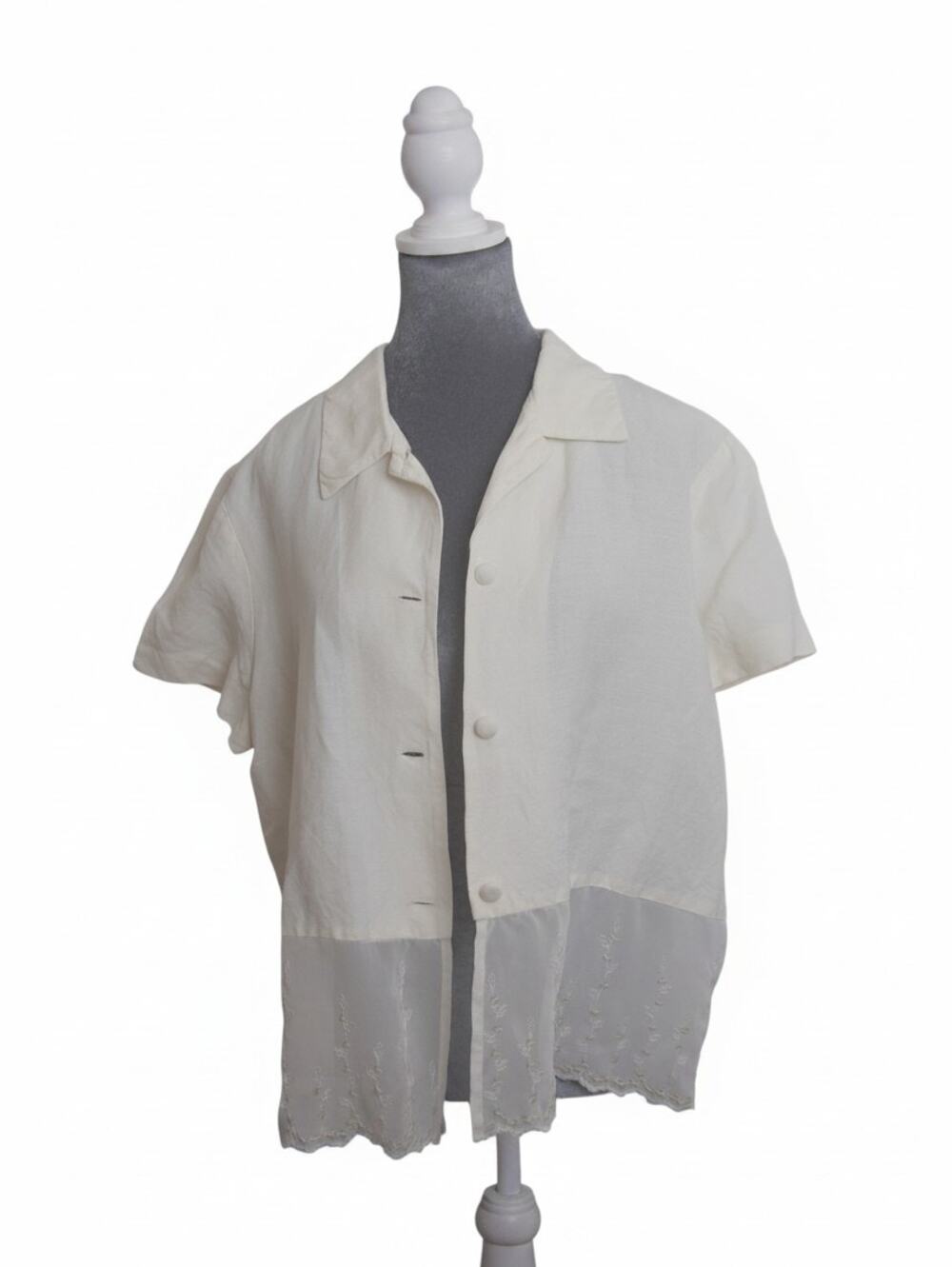 Jessica Howard Linen Blend Blouse 16 Ecru Sheer Embroidered Sequin Hem